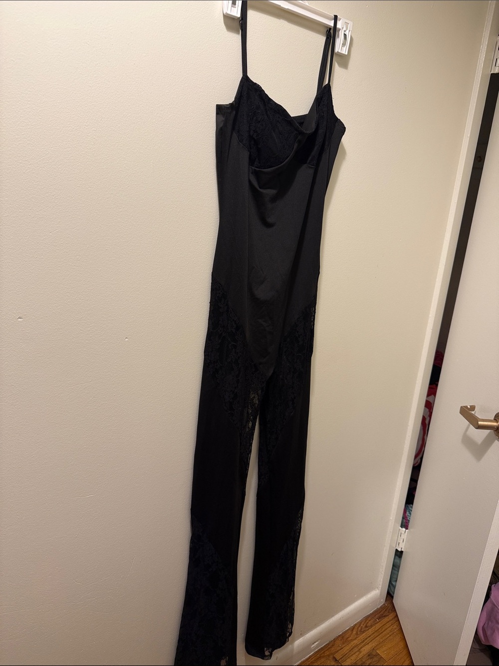 Fashion Nova Black Lace-Panel Slip Jumpsuit